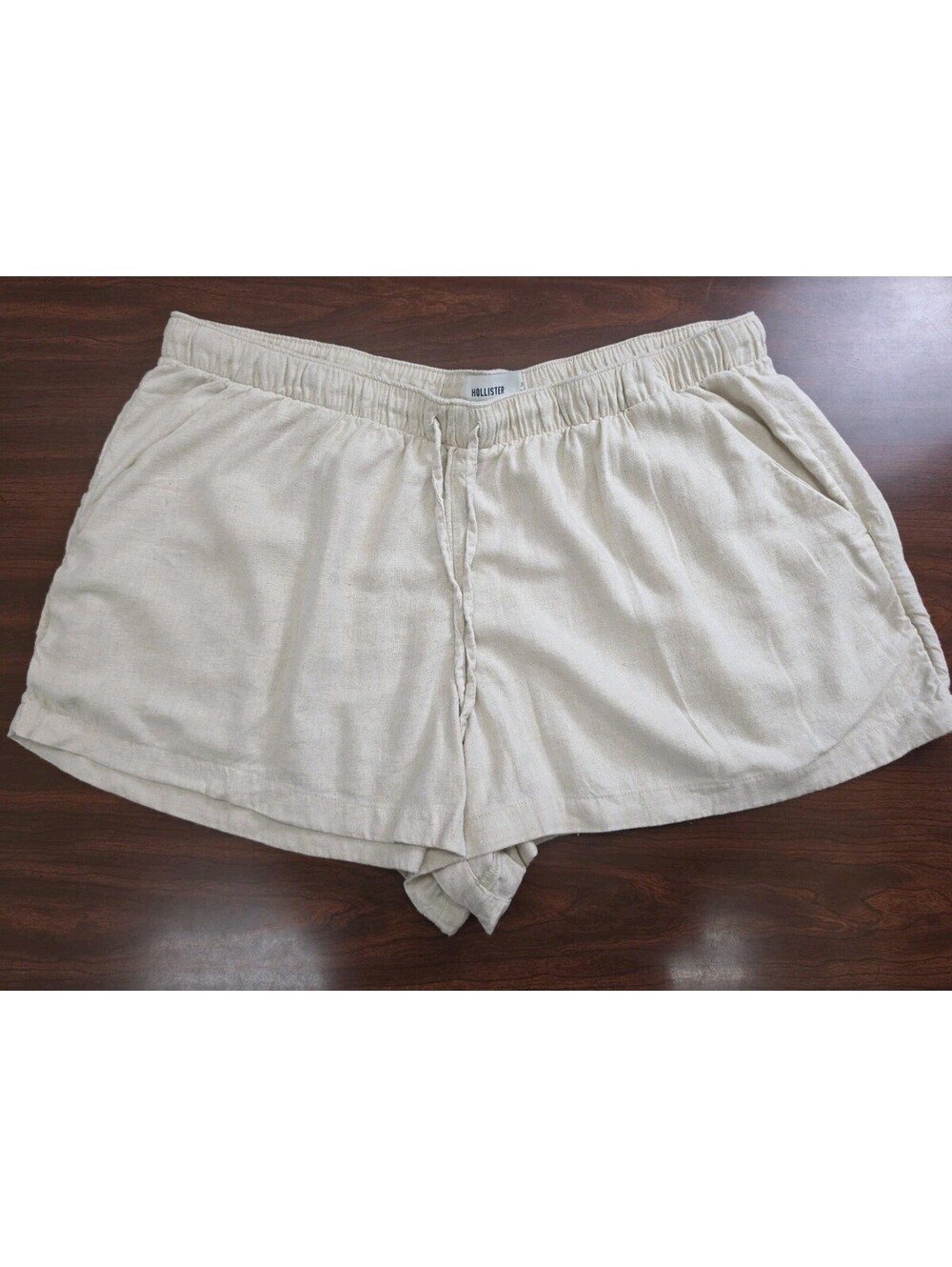 Hollister Pull On Linen Blend Shorts XXL Beige Drawstring Beach Short Casual